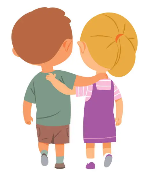 Vector illustration of Young Boy and Girl Walking