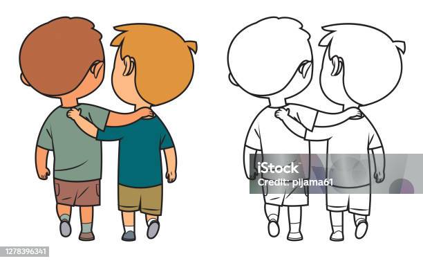 Black And White Friends Two Boys Walking Together Stock Illustration -  Download Image Now - Embracing, Brother, Coloring Book Page - Illlustration  Technique - iStock