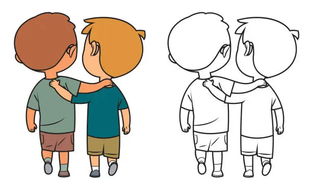 Vector illustration of Black And White, friends two boys walking together