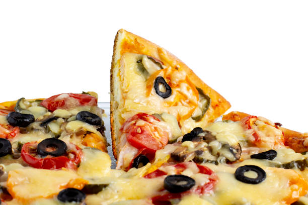 istock Classic pizza with ham, cheese, olives and tomatoes. Isolate on white, close-up. Place for text, copy space. 1278396556