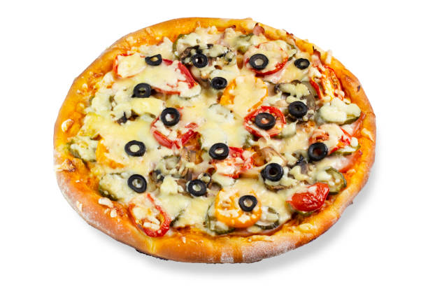 istock Classic Mediterranean pizza with ham, cheese, olives and tomatoes. Isolate on white, close-up. 1278397253