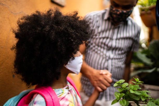 istock Father and daughter leaving home going to school using face mask 1278397405