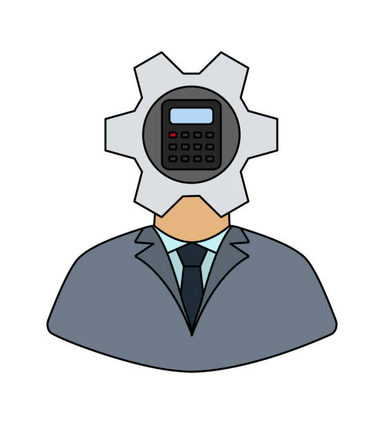 Analyst With Gear Hed And Calculator Inside Icon Analyst With Gear Hed And Calculator Inside Icon. Editable Outline With Color Fill Design. Vector Illustration. hed stock illustrations