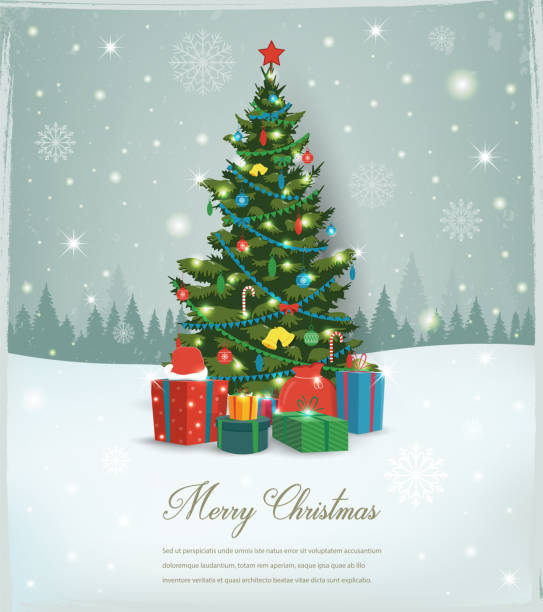 weihnachtsbaum mit dekorationen und geschenk-boxen. urlaub hintergrund. frohe weihnachten und ein gutes neues jahr. vektor - weihnachtsbaum stock-grafiken, -clipart, -cartoons und -symbole