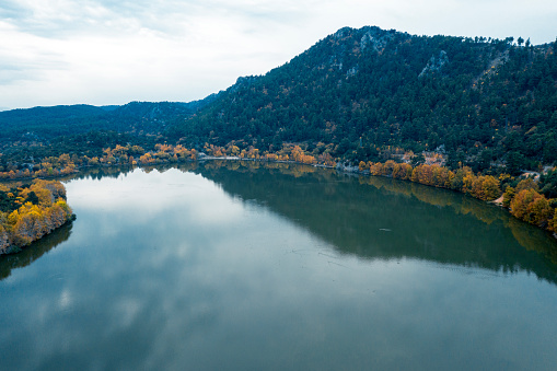 View of the Schluchsee in the Black Forest with the surrounding landscape. Nature by the lake in autumn.