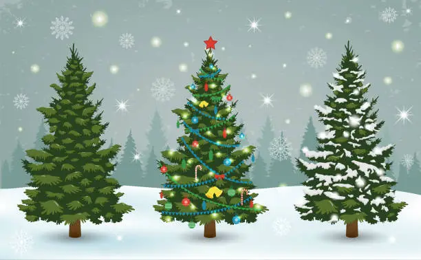 Vector illustration of Christmas tree with decorations and gift boxes. Holiday background. Merry Christmas and Happy New Year. Vector