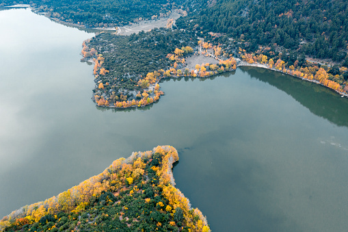 Aerial view of Kovada Lake National Park in Isparta, Turkey. Taken via drone.