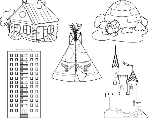 Vector illustration of Coloring page with set of different buildings and traditional dwellings isolated on white background
