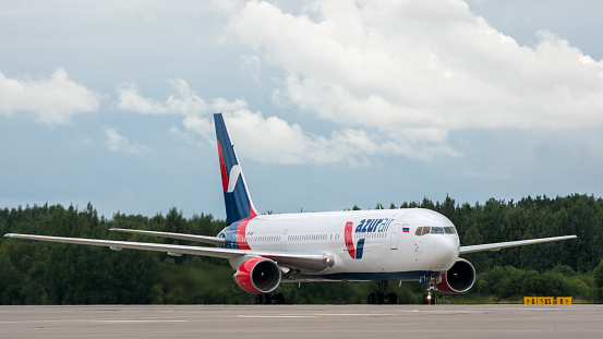 AzurAir Boeing 767-300ER, VP-BUY, taxiing to the stand. Pulkovo International Airport, Saint-Petersburg, Russia. 12 August 2020.