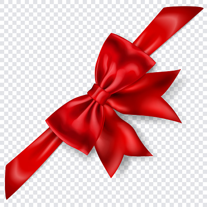 Beautiful red bow with diagonally ribbon with shadow on transparent background. Transparency only in vector format