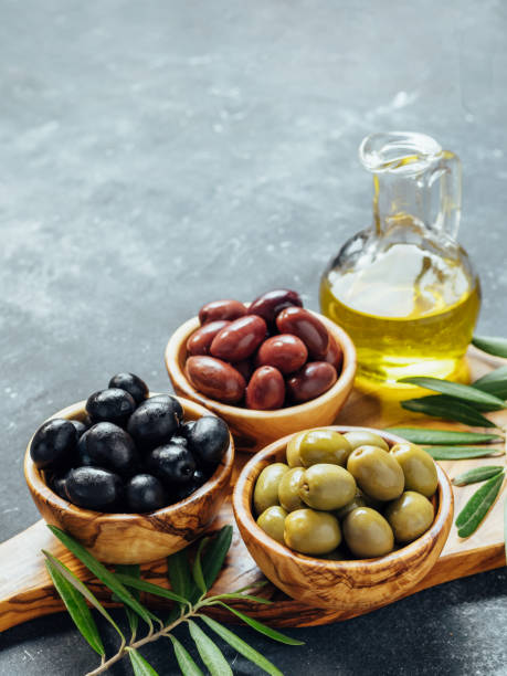 istock Set of different types olives and olive oil 1278411922
