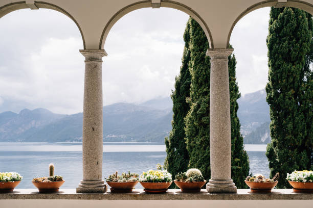Flower pots with succulents in arches with columns overlooking Lake Como in Italy. Flower pots with succulents in arches with columns overlooking Lake Como in Italy. High quality photo lake como photos stock pictures, royalty-free photos & images