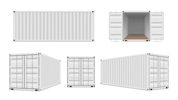 ilustraciones, imágenes clip art, dibujos animados e iconos de stock de envío de contenedores de carga con puertas abiertas y cerradas conjunto realista. grandes cajas de carga de acero intermodal. - cargo container illustrations