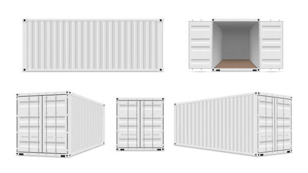Shipping cargo containers with open, closed doors realistic set. Large intermodal steel freight boxes. Shipping cargo containers with open, closed doors realistic set. Reusable large intermodal steel freight boxes for storage, transportation. Front, side, three quater view. Vector isolated collection. cargo container stock illustrations