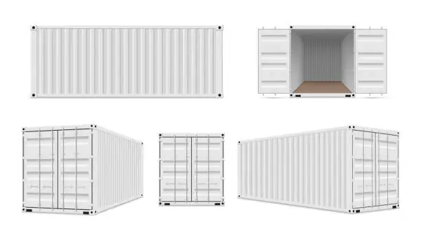 Vector illustration of Shipping cargo containers with open, closed doors realistic set. Large intermodal steel freight boxes.