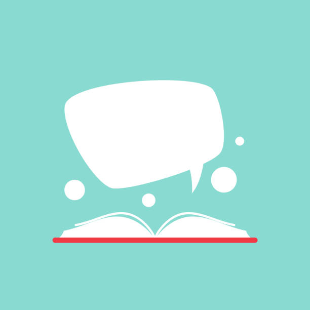 istock Open book with red book cover and white speech bubble flying out. Isolated on powder blue background. 1278413861