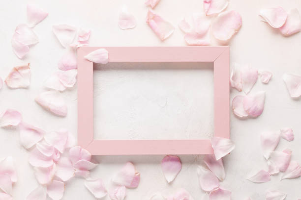 istock Pink peony and roses  Flowers in a frame on a bright background. Top view. Flat lay 1278415690