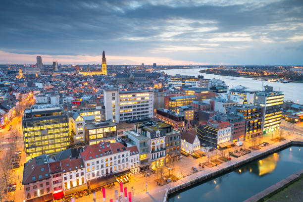 Antwerp, Belgium cityscape from above at twilight.