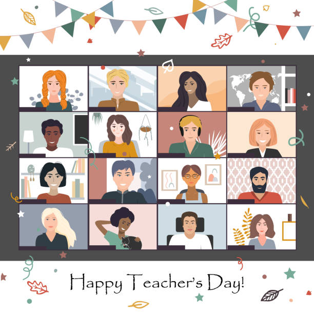 Happy Teacher s Day 2020. Online students lesson or meeting. Coronavirus quarantine distance education concept, vector illustration. Studying students. Laptop screenshot, Conference video call Happy Teacher's Day 2020. Online students lesson or meeting. Coronavirus quarantine distance education concept, vector illustration. Studying students. Laptop screenshot, Conference video call. happy teacher day stock illustrations
