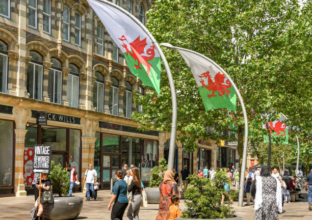 bandera galesa ondeando en una calle en cardiff - welsh flag fotografías e imágenes de stock