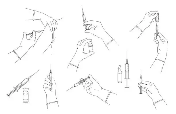 Vector illustration of Doctor hands with syringe. Vaccination and immunization concept