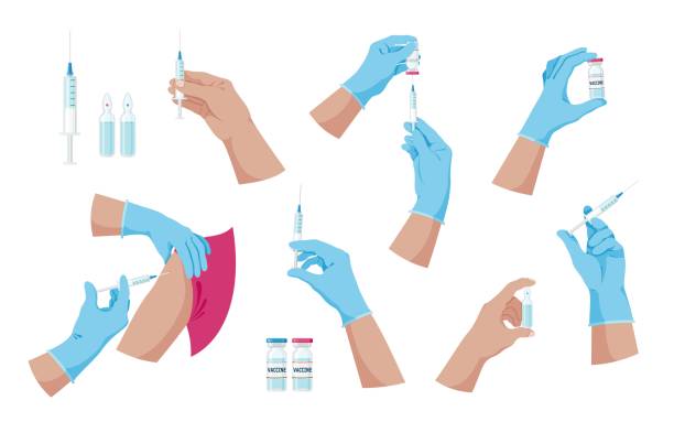 ilustrações, clipart, desenhos animados e ícones de doutor mãos com seringa. conceito de vacinação e imunização. conjunto colorido - injeção insulina luva
