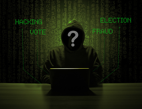 Election hacking fraud concept. Hacker with no face and interrogation point, and background with fraud, vote, hacking, election.