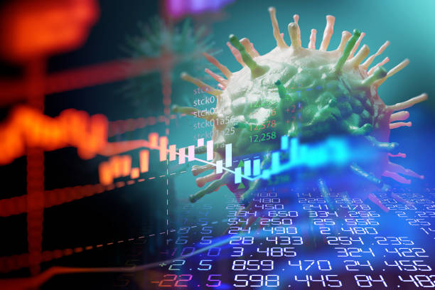 istock Down trend financial graph on nCov corona virus microscope image ,3d illustration 1278423194