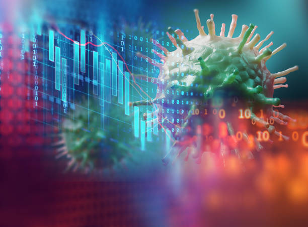 istock Down trend financial graph on nCov corona virus microscope image ,3d illustration 1278423239