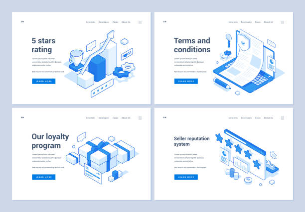 Banners for modern online shop customer services Set of blue and white vector illustrations of web banners representing various rating and loyalty systems for online store websites. 3D isometric web banners, landing page templates high fidelity stock illustrations