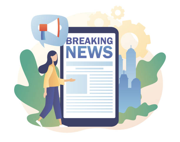 istock Breaking news. Newspaper on mobile phone. Tiny woman read news online using smartphone  app. Modern flat cartoon style. Vector illustration on white background 1278425989