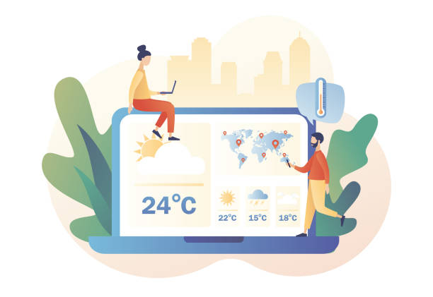 ilustrações de stock, clip art, desenhos animados e ícones de tiny people watching the weather forecast use laptop. weather forecast online. sun, clouds, wind, thunderstorm,rain. meteorology science. modern flat cartoon style. vector illustration - plan c