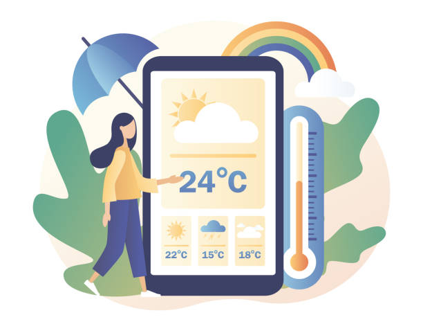 ilustrações de stock, clip art, desenhos animados e ícones de tiny girl watching the weather forecast in smartphone app. weather forecast online. sun, clouds, wind, thunderstorm,rain. meteorology science. modern flat cartoon style. vector illustration - plan c