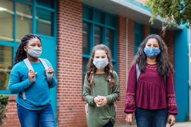 istock Girls standing outside elementary school with face masks 1278426489