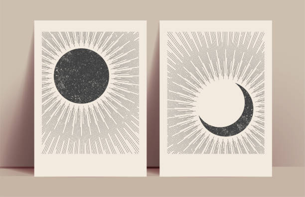 미니멀 한 추상적 인 태양과 달 신비 포스터는 태양 폭발과 검은 태양과 달 실루엣 템플릿을 디자인합니다. 벡터 일러스트레이션 - poster backgrounds sunbeam textured stock illustrations