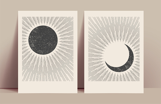 Minimalistic abstract sun and moon mystic posters design template with black sun and moon silhouettes with sunburst. Vector eps 10 illustration