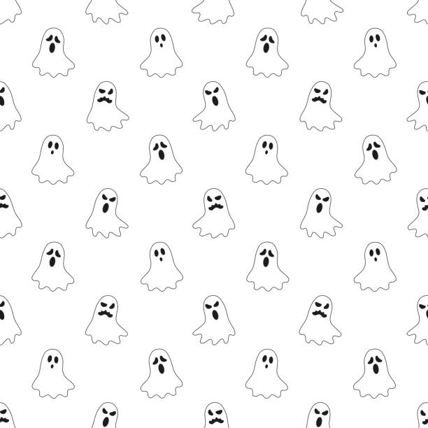 Halloween Seamless Pattern With Black Thin Line Ghost Silhouettes On A White  Background Simple Holiday Vector Illustration Easy To Edit And Customize  Eps 10 Stock Illustration - Download Image Now - iStock