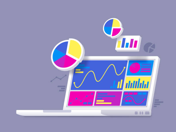 ilustraciones, imágenes clip art, dibujos animados e iconos de stock de estadísticas análisis de datos portátil - analyzing chart scrutiny planning