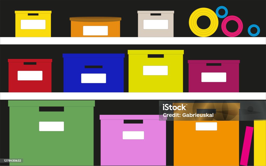 Sorting Labelled File Boxes A Bookcase With Sorting Boxes With Labels In Different Colors Stock ...