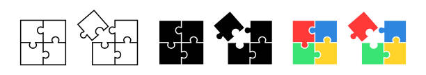 ilustrações de stock, clip art, desenhos animados e ícones de set of puzzle flat icons. colored, black and white puzzle pieces. - 2586