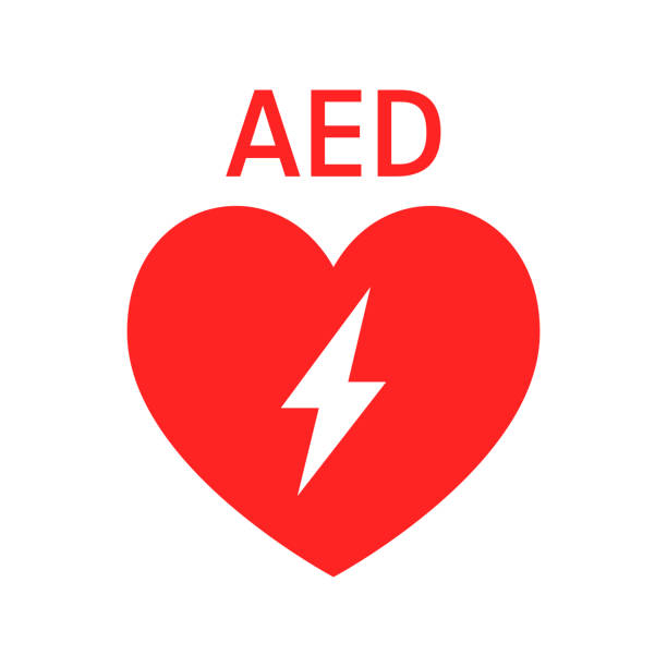 bildbanksillustrationer, clip art samt tecknat material och ikoner med ikon för aed-vektor. rött hjärta med skylt elektricitet. signera automatiserad extern defibrillator. - electricity