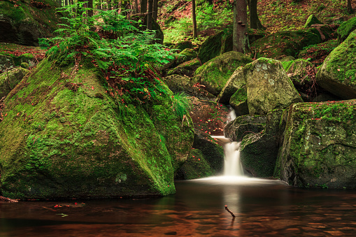 Small waterfall in a forest in the Harz Mountains.