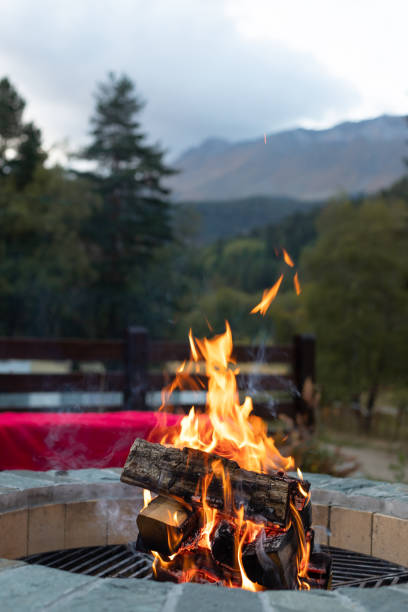 płonące ognisko w ognisku w wieczornym świetle i widokach na góry - fire pit fire fireplace outdoors zdjęcia i obrazy z banku zdjęć