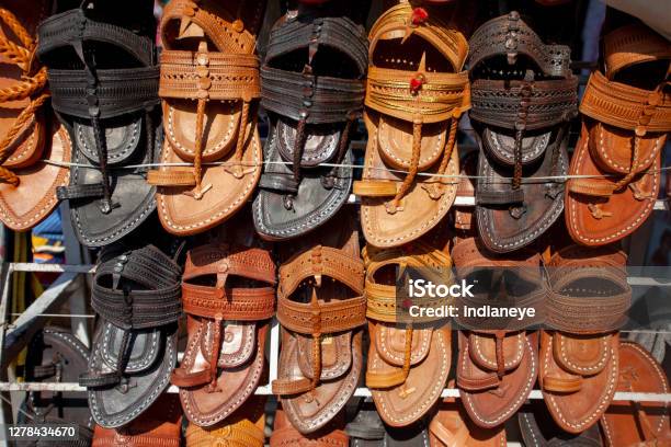 Indian Famous Traditional Men Leather Footwear Stock Photo - Download Image Now - Kolhapur, Craft, Maharashtra