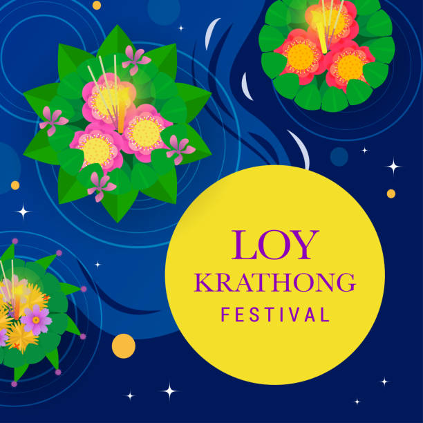 Loy Krathong Festival greeting card vector illustration. Top view of Krathong floating on river Loy Krathong Festival greeting card vector illustration. Top view of Krathong floating on river loi krathong stock illustrations