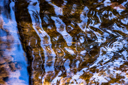 Abstract closeup of an water in a lake reflecting sky with beautiful patterns.