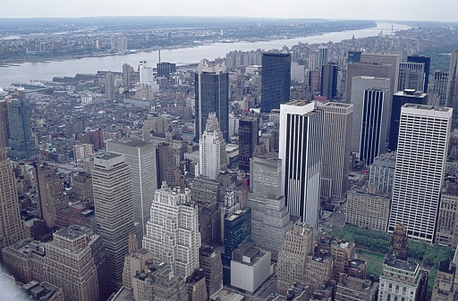 New York City, NY, USA, 1977. New York City skyline looking northwest (Hudson River).