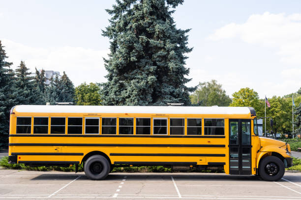 el autobús escolar es amarillo. volver al concepto de la escuela. - autobús de colegio fotos fotografías e imágenes de stock