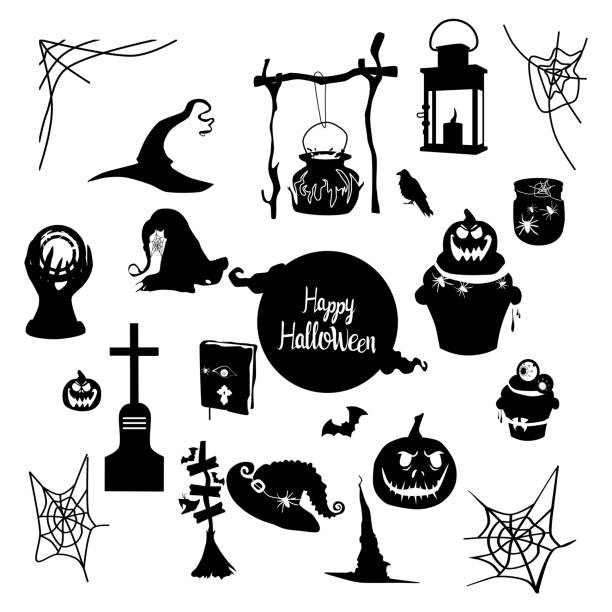 Halloween lettering vector set with tradition symbols.Day of the dead.Night party invitation or greeting card in black color. Spider webs,magic ball,pumpkin,witches hat and cauldron.All Saints Eve discount coupon template silhouette stock illustrations