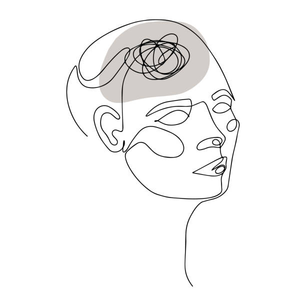 ilustraciones, imágenes clip art, dibujos animados e iconos de stock de dibujo de línea de la cabeza humana con pensamientos confusos - absentismo laboral